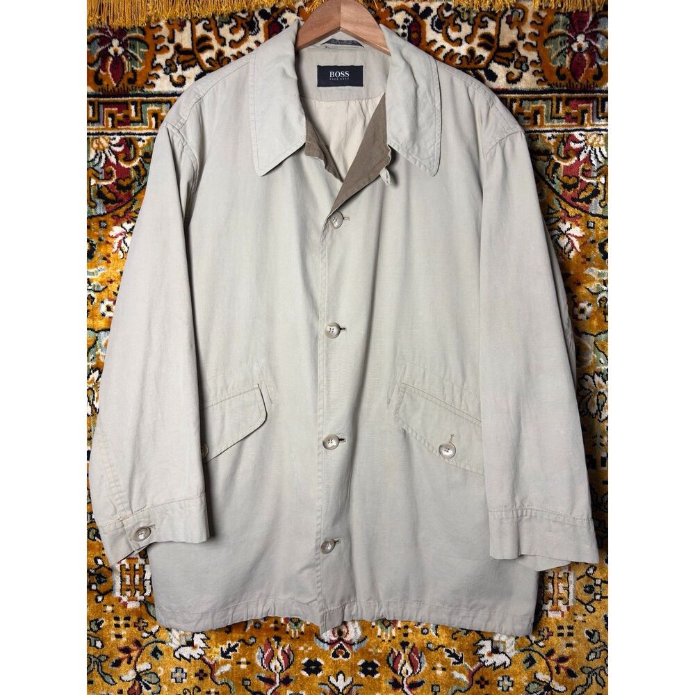 90s Vintage Hugo Boss Lightweight Cotton Field Coat Trench Overcoat size 42R XL
